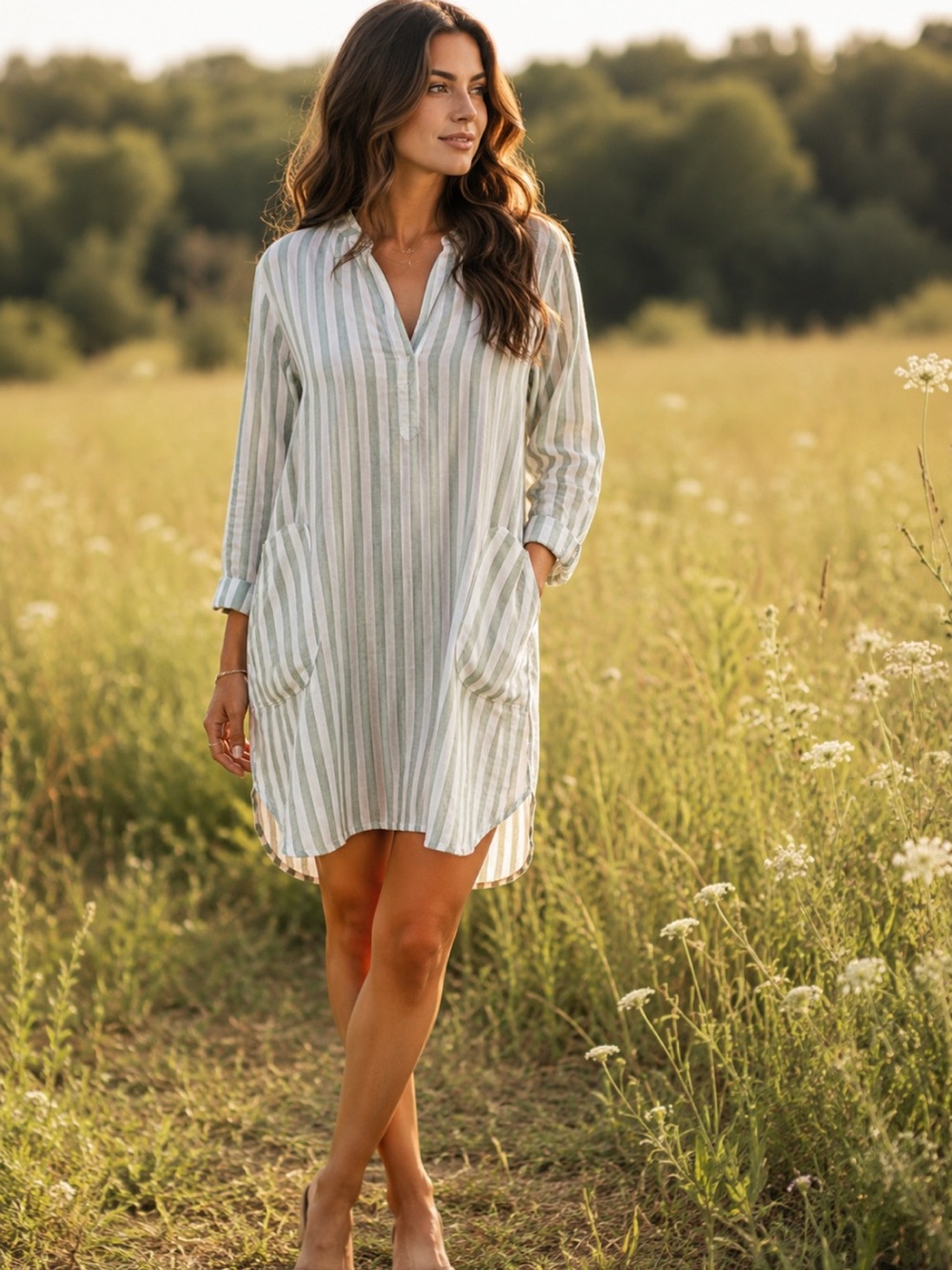 Nicole Miller 100% Linen Sage and White Striped Dress